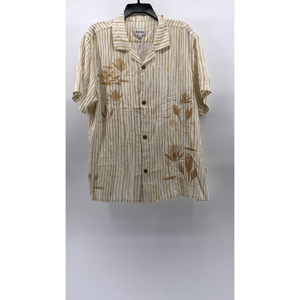 RHYTHM Men’s Camel Lily Stripes Cuban Button-Up Short Sleeve Shirt SZ L